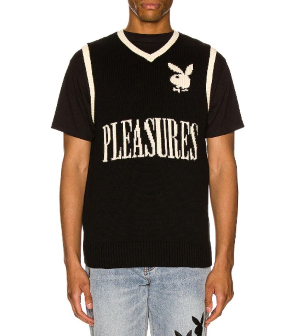 PLEASURES x Playboy Sweater Vest Vintage V-Neck Sleeveless Logo Pullover, Black